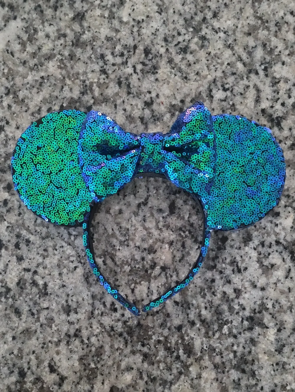 Sequin Mouse Ear Headband with Bow - Iridescent Green/Blue